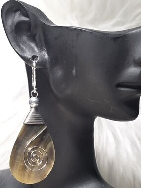 Silver Spiral Teardrop Shell Earrings - Brown